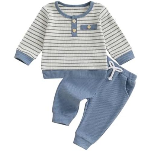 Baby Boy Fall Outfits Waffle Striped Toddler Boy Sweatshirt Pullover Tops Pants Infant Baby Fall Winter Clothes