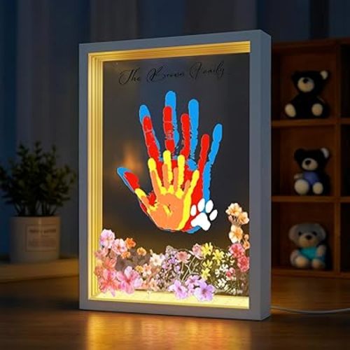 OurWarm Family Handprint Kit with Light, DIY Handprint Family Keepsake Wooden Frame with Sticker & Non-Toxic Baby Safe Paint, Baby Keepsake Gifts for Newborn, Mother's Day, New Parents, Adoption Day