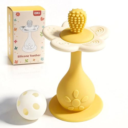 Baby Silicone Flower Teether & Rattle Toys for Babies 0-24 Months, Nipple-Shaped End for Sucking Needs - 360° Toothbrush Teether Head for Sore Gums, Stand-up Base, Flower Texture, Easy to Grip -Yellow