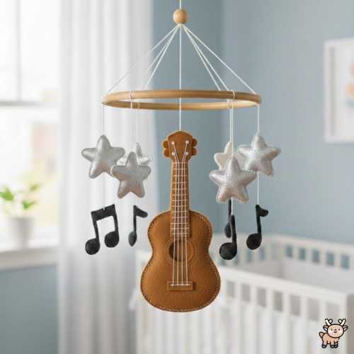 Handcrafted Guitar Mobile, Felt Music Notes Hanging, Unique Rock or Acoustic Theme Decor