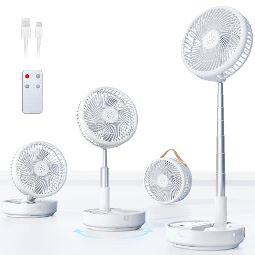 Portable Oscillating Travel Fan, 10400mAh Battery Operated Rechargeable USB Floor Table Desk Fan with Remote, 4 Speed Settings Pedestal Fan for Home Bedroom Office Camping, White,8"