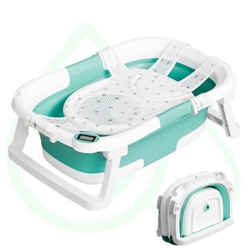 Aprpink Foldable Baby Bathtub PP+TPE with Soft Bath Net&Thermometer for 0-36 Months Toddler Turquoise