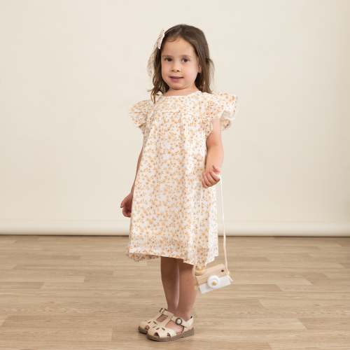 Organic Short Sleeve Flutter Dress - Gardenia