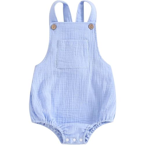 Sasaerucure Baby Cotton Linen Overalls Solid Color Sleeveless Square Neck Backless Romper for Boys Girls