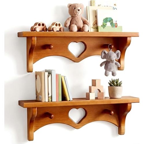 Novabright 2 Pcs Wooden Heart Shelves 16" Vintage Floating Shelf with Hooks Natural Walnut Pine Wood Coat Rack Wall Mounted Hanging Shelf for Living Room Bedroom Bathroom Home Decor