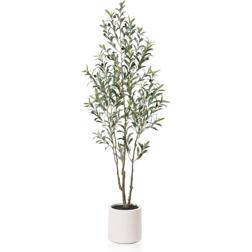 Artificial Olive Trees, 7 ft Tall Fake Olive Trees for Indoor, Faux Olive Silk Tree, Large Olive Plants with White Planter for Home Decor and Housewarming Gift, 1 Pack