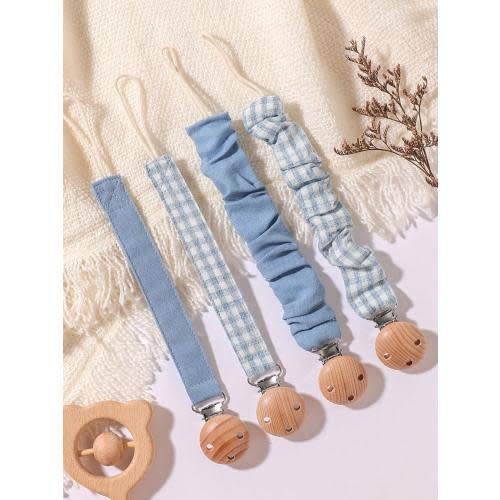 4pcs Baby Pacifier Clips, Plaid, Polka Dot, Solid Color Blue/Pink/Khaki, Wooden 3-Hole Pacifier Clips, Suitable For Daily Use | SHEIN USA