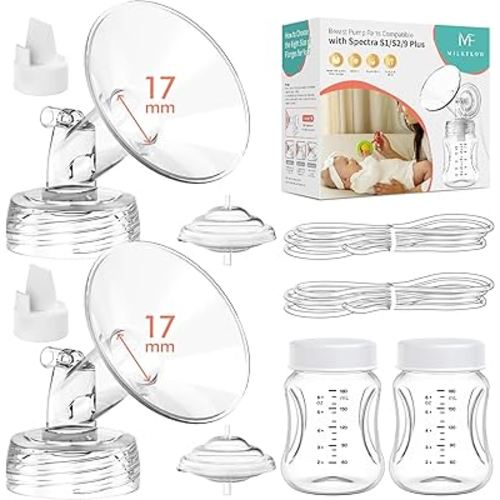 Breast Pump Parts Compatible with Spectra S1,S2,S9 Plus, Replacement Kit for Spectra Pump Parts 2PC Include 17 mm Flange, Duckbill Valve, Tube,Bottle, Backflow Protector, Not Original Accessories