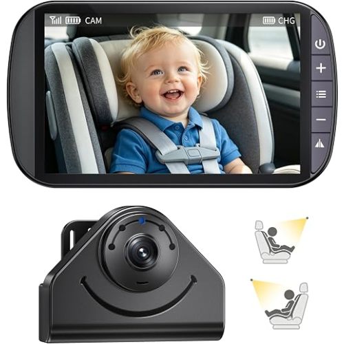 Wireless Baby Car Camera Monitor – 1080P HD Rear Seat Camera, 4.3” IPS Screen, 120° Wide Angle, IR-Cut Night Vision, USB & Battery Powered Plug and Play, for New Parents Infant Toddler Safety Driving
