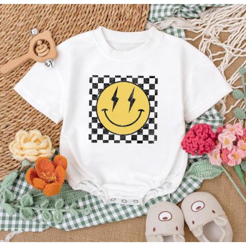 Retro Checkerboard Smiley Face Baby Romper, Trendy Lightning Bolt Eye Bodysuit, Grunge Aesthetic Toddler Clothes, Fun Hipster Baby Gift