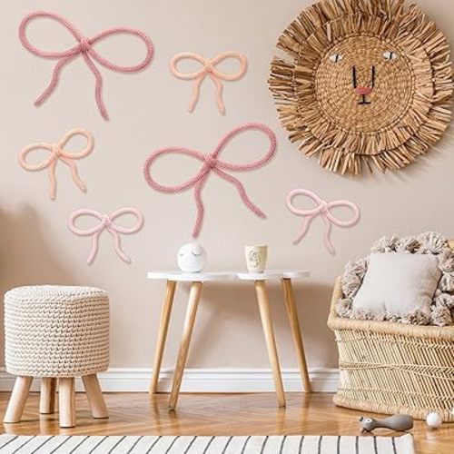 Barydat 6 Pcs Boho Bow Wall Decor Pink Bow Nursery Decoration Coquette Room Decor Woven Macrame Wall Hanging 2 Size Pink Preppy Decoration for Nursery Dorm Girls Room Art