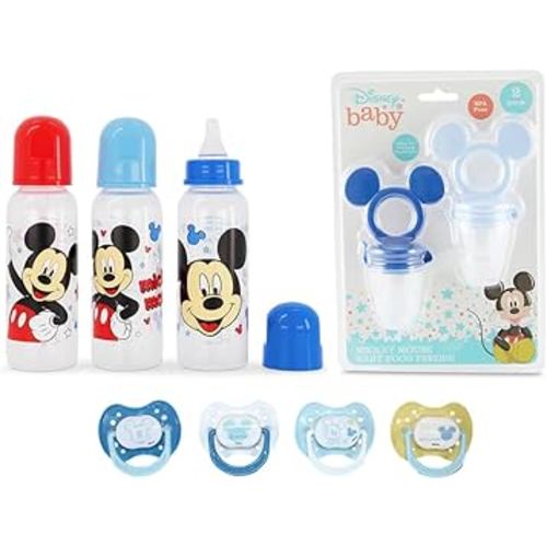Mickey Mouse Baby Bottles 9oz 3 Pack - Baby Teether with Fruit Feeder 2 Pack - Baby Pacifiers 0-6 Months 4 Pack - Mickey Mouse Baby Bundle