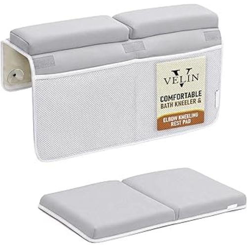 Bath Kneeler and Elbow Rest Pad Set for Baby Bathing – Thick Comfortable Foam Kneeling Pads with Non-Slip Base, Toy Organizer Pockets, Quick-Dry Foldable Bathtub Cushion for Parents & Toddlers (Grey)