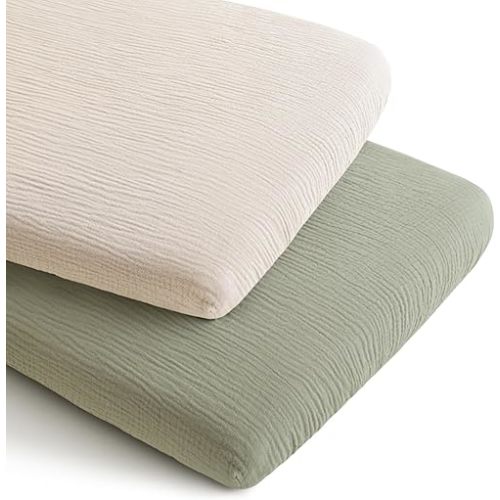Konssy 2 Pack Muslin Bassinet Sheets for Baby Boy, 100% Cotton Soft Breathable Bassinet Mattress Sheets Fit for Hourglass Oval Cradle Rectangle Mattress (Fog Green,Cream)