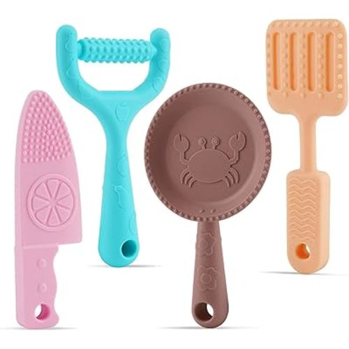 0-BPA Silicone Culinary Kitchen Utensil Baby Teething Toys,Chef Cooking Role Playing Games Training for Baby Girls Boys,Molar Chewing Freezer teether Toys for 6-12 Months Infants,Kids,4 Pack