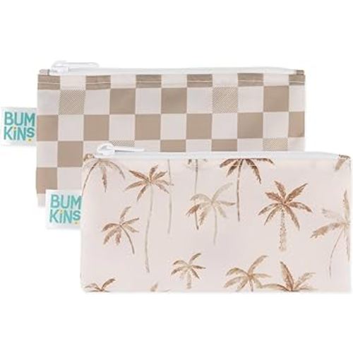 Bumkins Reusable Snack Bags, for Kids School Lunch and for Adults Portion, Washable Fabric, Waterproof Cloth Zip Bag, Supplies Travel Pouch, Food-Safe Storage, 2-pk Palm Trees, Check
