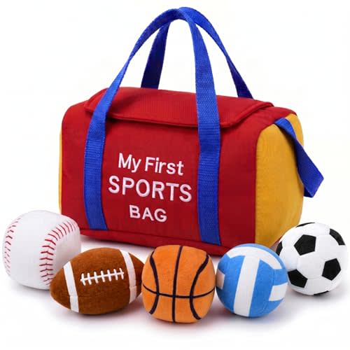 My First Sports Bag Plush, Baby Sports Toys Plushie with 5 Pcs Ball Plushy for Toddlers, First Birthday Gifts for Boys Girls