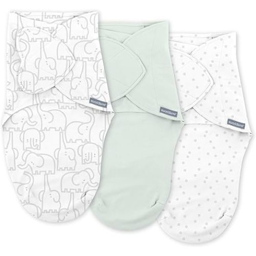 SwaddleMe by Ingenuity Monogram Collection Baby Swaddle, 100% Cotton, Improves Sleep & Calms Startle Reflex, 0-3 Months, Pocket Fold Design for Easy Changes, 1.0 TOG, 3-Pack - Elephant Dance