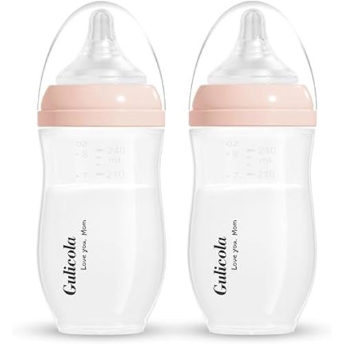 Gulicola Natural PP Baby Breastfeeding Bottles, Medium Flow Nipples (M), 3 Months +, Pink, 8 oz - 2pks