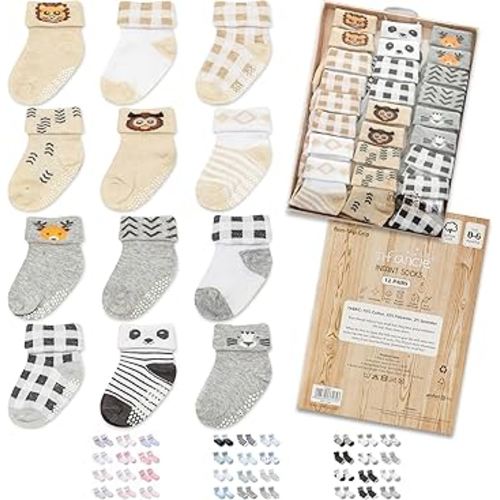 Baby Socks 12 Pairs - Non-Slip Infant Grip for Newborns & Toddlers 0-6 Months, Boys & Girls, Safe for Walking