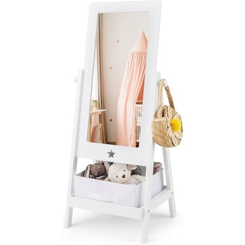 Costzon Kids Full Length Mirror, Princess Floor Free Standing Mirror w/Storage Shelf & Basket, 360 Degree Rotatable Rectangle Dressing Mirror for Little Girls Bedroom, Playroom, 3+ Years Old (White)