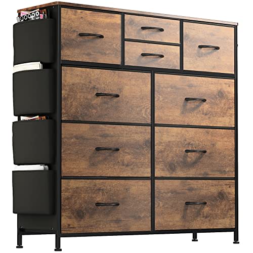 Lulive 10 Drawer Dresser, Chest of Drawers for Bedroom with Side Pockets and Hooks, Fabric Storage Dresser, Sturdy Steel Frame, Wood Top, Organizer Unit for Living Room, Hallway, Closet (Rustic Brown)