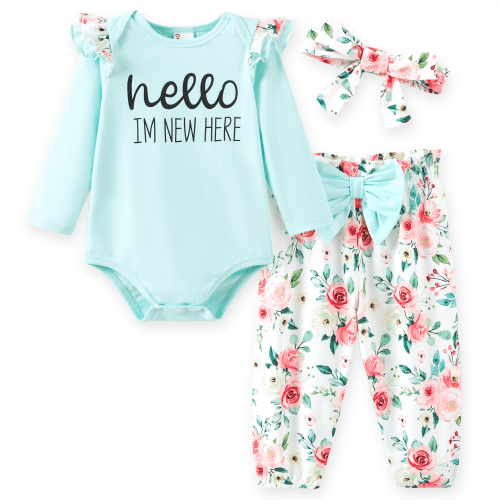 PatPat Baby Girl Clothes Floral Romper Long Sleeve Pants Headband Set Summer Winter Clothing for Newborn Infant Baby Girls Mint Mambo Mint Mambo Mint Mambo 0-3 Months