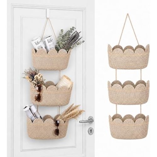 Over The Door Hanging Baskets 3 Tier Scalloped Hanging Basket Organizer for Nursery Woven Cotton Wall Mounted Storage Organizer Decorative Boho Baskets for Kitchen Laundry Room Apartments Door