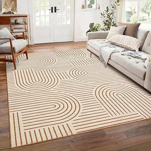 Washable Rug 6x9 Area Rugs for Living Room, Abstract Rug for Bedroom, Soft Rainbow Non Slip Throw Rugs with Rubber, Low Pile Stain Resistant Boho Geometric Carpet for Dining Room, Orange