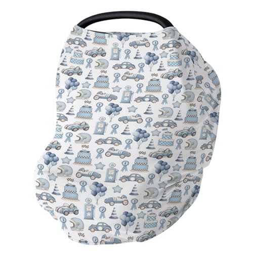 Watercolor Blue Racing Baby Car Seat Covers Blue Racecar Balloon Stars Cake Stretchy 5-in-1 Cover Adjustable Infant Carseat Cover Canopy Vintage Racing Car Breathable Nursing Cover-Up