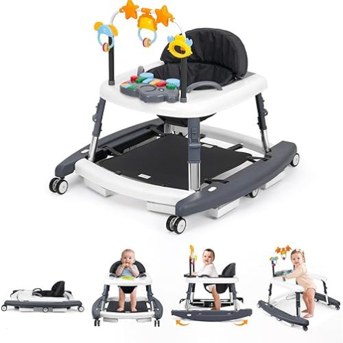 5-in-1 Music and Lights Baby Walker Foldable with 5 Adjustable Heights, Baby Walker with Wheels and Bouncer Combo Portable, Infant Toddler Walker for Baby Boy Girls 6-18 Months
