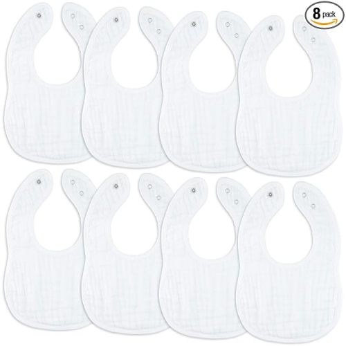 Comfy Cubs Muslin Bibs for Babies, Pack of 8 - Soft and Highly Absorbent, Feeding, Drool and Teething Bib, Adjustable Snaps - Stylish & Colorful Unisex Designs, Giftable Set - White