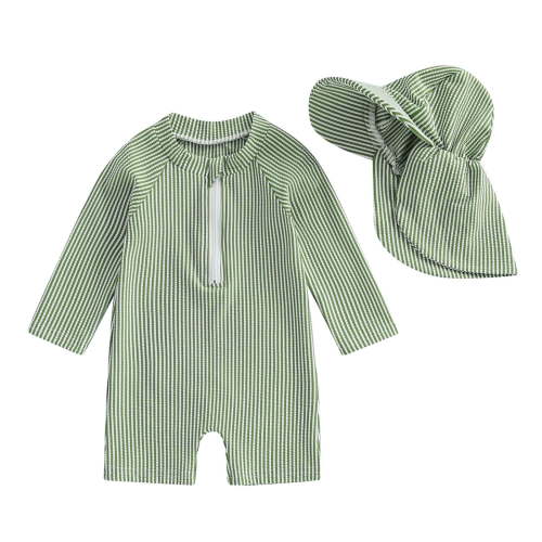 Lullu Baby Boys Striped Long Sleeve Rash Guard One-Piece Swimsuit & Hat Swimwear, Sizes 0-24 Months