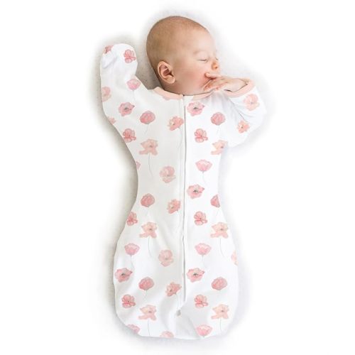 SwaddleDesigns Organic Transitional Swaddle Sack, Arms Up Swaddle with Half-Length Sleeves & Mitten Cuffs, Large, 6-9 Months, 21-24 lbs, Watercolor Peach Blush Poppies