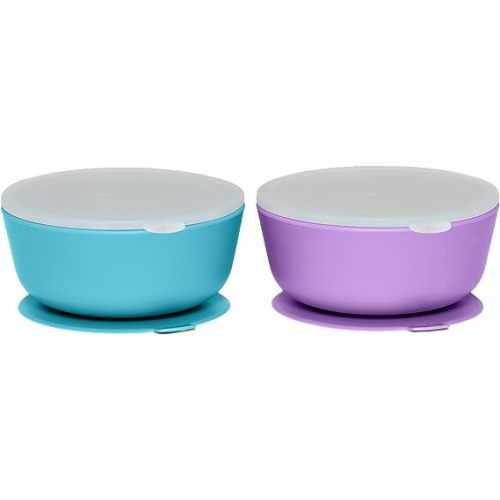 WeeSprout Suction Bowls for Baby & Toddlers (Set of 2) - 100% Silicone w/Plastic Lid - Leak Proof Feeding Supplies - Dishwasher & Microwave Safe Infant Dinnerware w/Extra Strong Base