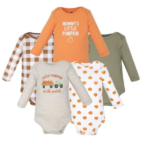 Hudson Baby Infant Boys Cotton Long-Sleeve Bodysuits 5-Pack, Pumpkin Patch, Newborn