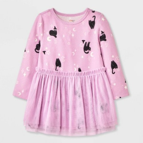 Baby Girls' Halloween Cat Witch Long Sleeve Tulle Dress - Cat & Jack™ Purple 0-3M