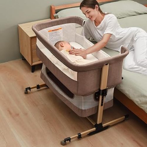 Baby Crib,3 in 1 Baby Bassinet Bedside Crib Adjustable Portable Bed for Infant,Baby Newborn Must Have Bed, Deep Khaki
