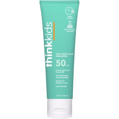 Thinkkids Safe Mineral Sunscreen SPF 50+, 3 Fl Oz, Natural, Water Resistant Reef Safe Sunscreen for Children, Broad Spectrum UVA/UVB Sun Screen