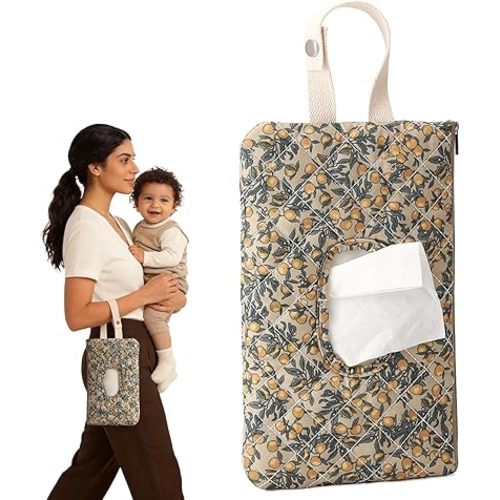 Quilted Baby Wipe Holder with Snap Handle, Diaper and Wipes Pouch, Portable Reusable Soft Cotton Floral Wet Wipes Case for Stroller, Car, Travel (Green)