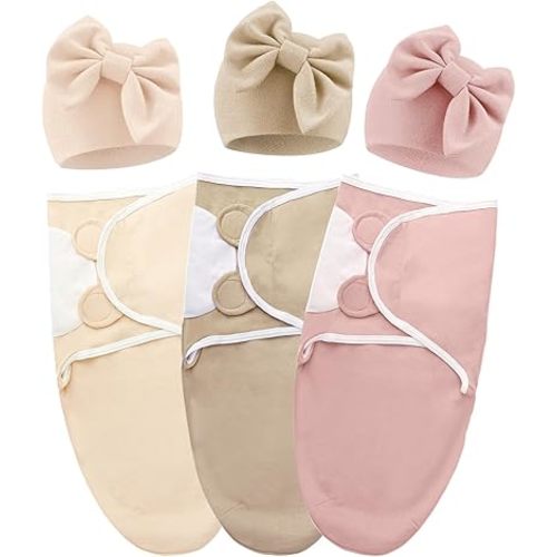 Baby Swaddle Sleep Sacks with Big Bow Hats Cotton Adjustable Swaddle Blankets Wrap Nursery Swaddles for Newborns Boy Girl Infant 0-3 Months