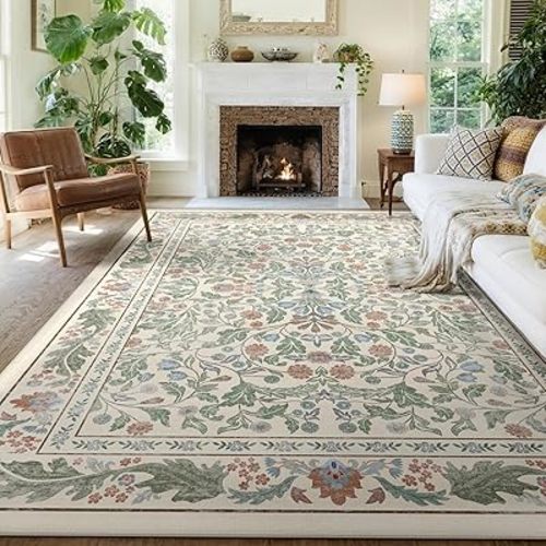 Beige Floral 8x10 Area Rugs for Living Room Large Washable Rug Vintage Forest Low Pile Non Slip Stain Resistance Soft Carpet for Dining Room, Bedroom, Office Rug, Kids Room, Nursery Room, Playroom