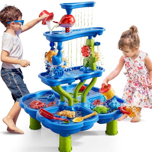 4-Tier Kids Water Table for Toddlers, Sand Beach Toys | Water and Sand Sensory Table Beach Outdoor Birthday Gifts Toys for Kids Toddlers Age 3 4 5 6 7 8 Boys Girls