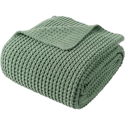 Sage Green Waffle Knit Throw Blanket for Couch, Chenille Blanket 50x60 in