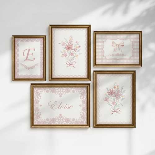 Vintage Baby Girl Nursery Gallery Wall Art Set of 5 – Custom Name and Initial Prints – Coquette Floral Bow Decor