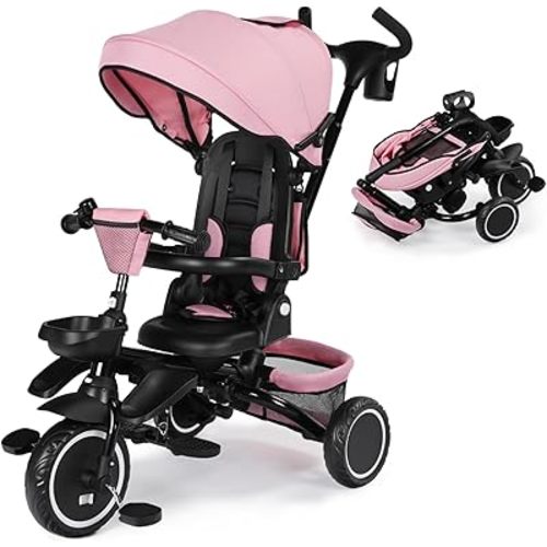 Kinder King Kids Tricycle, 8 in 1 Folding Toddler Trike w/Adjustable Push Handle, Rotatable Seat, Adjustable Canopy, Bell, Five-Point Harness, Storage, Bike Tricycle for Toddlers 1-5, Pink