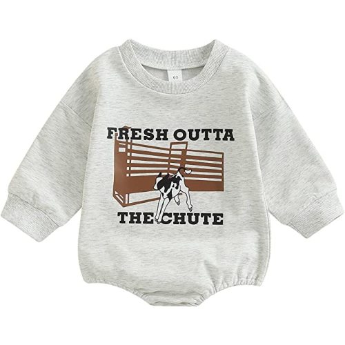 Baby Girl Boy Western Outfit Cow Print Crewneck Romper Sweatshirt Oversized Bodysuit Sweater Tops Fall Winter Clothes - Gray - 6-12 Months