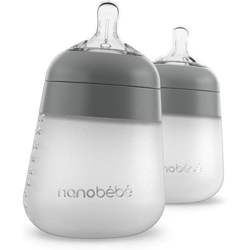 Nanobebe Flexy Silicone Baby Bottle, Anti-Colic, Natural Feel, Non-Collapsing Nipple, Non-Tip Stable Base, Easy to Clean 2-Pack, Grey, 9oz