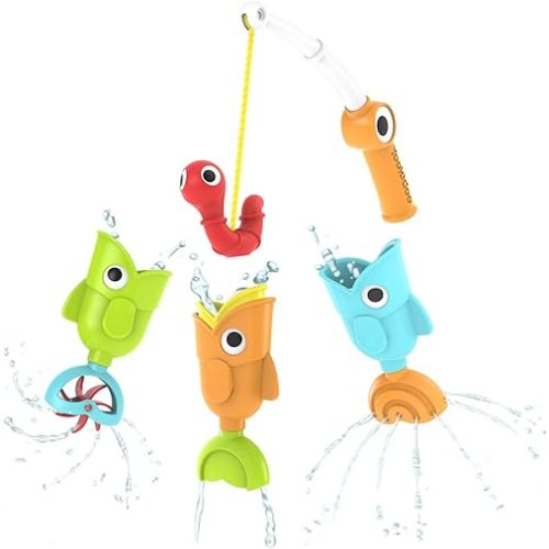 Yookidoo Toddler Baby Bath Magnetic Fishing Game Toy with Water Effects (Ages 2+) Includes 3 Moving Fish, Worm & Fishing Pole (4pc) Floating Fish Playset for Bath Time or Pool (Mold Free)