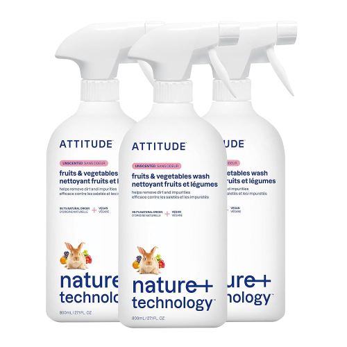 ATTITUDE Fruit & Vegetable Wash, Food-Safe Produce Wash, Removes Dirt & Residue, Vegan & Plant-Based Ingredients, Unscented, 27.1 Fl Oz (Pack of 3)
